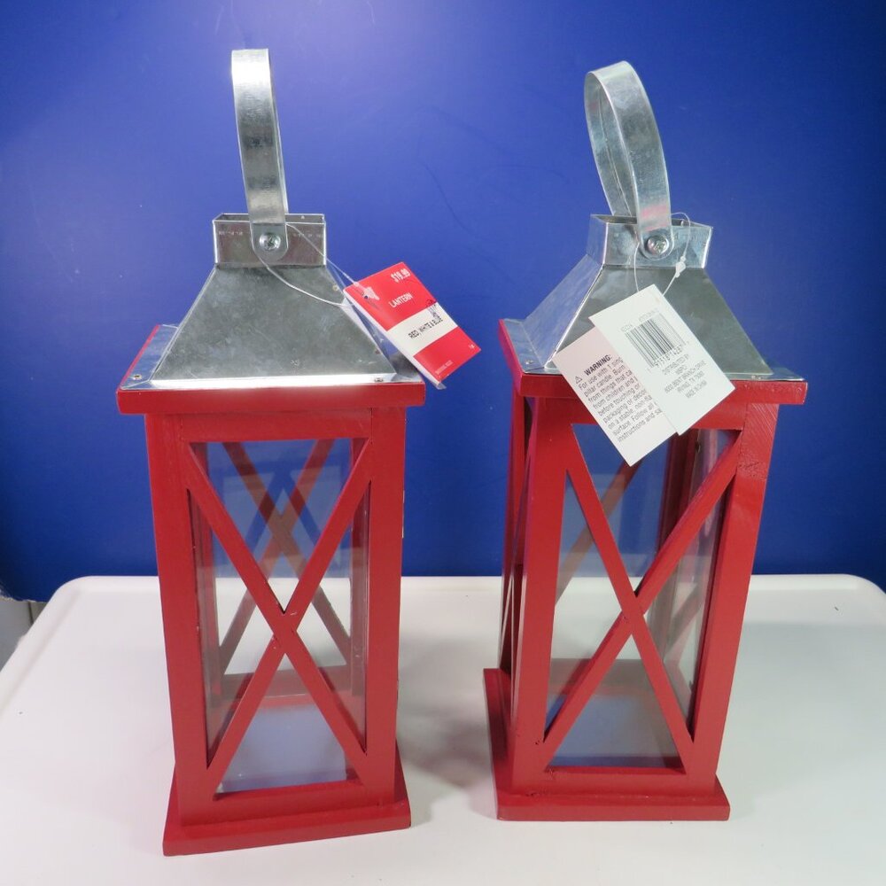 (2) Red Wood & Glass Lanterns w metal hinges Farmhouse Winter Holiday - Picture 4 of 16